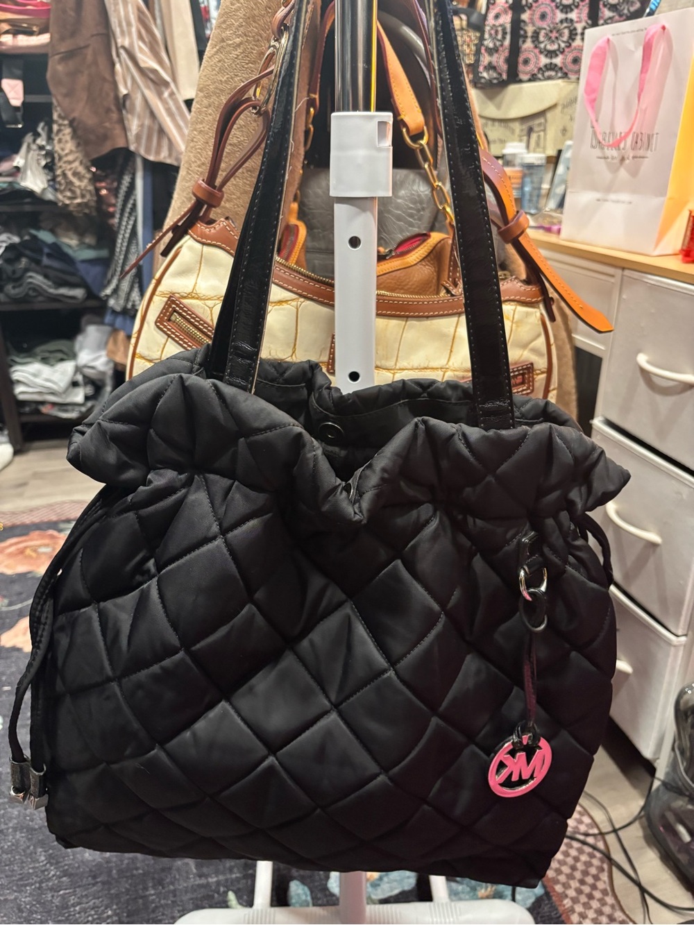 Michael Kors Black Quilted Puffer Tote with MK Charm - Classic
